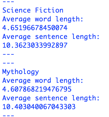 Print of average word and sentence length per category